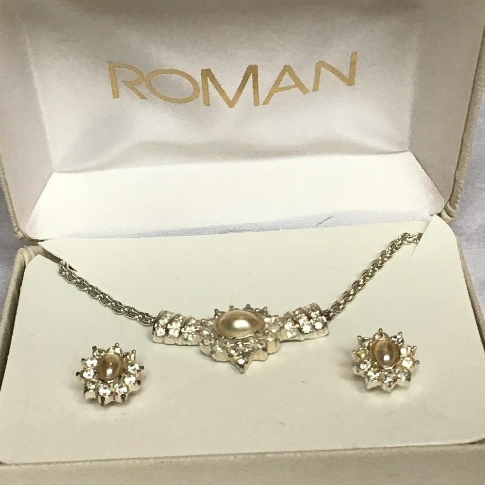 Roman - Vintage faux pearl with rhinestones necklace & earrings